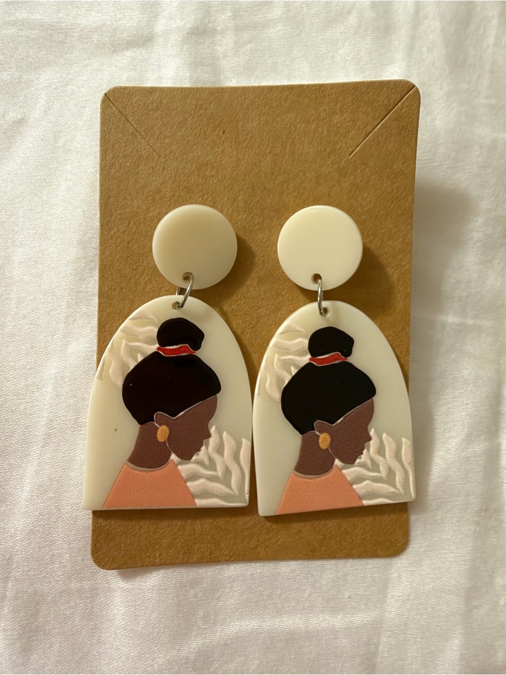 Cream and Black Woman Profile Dangle Resin Earrings